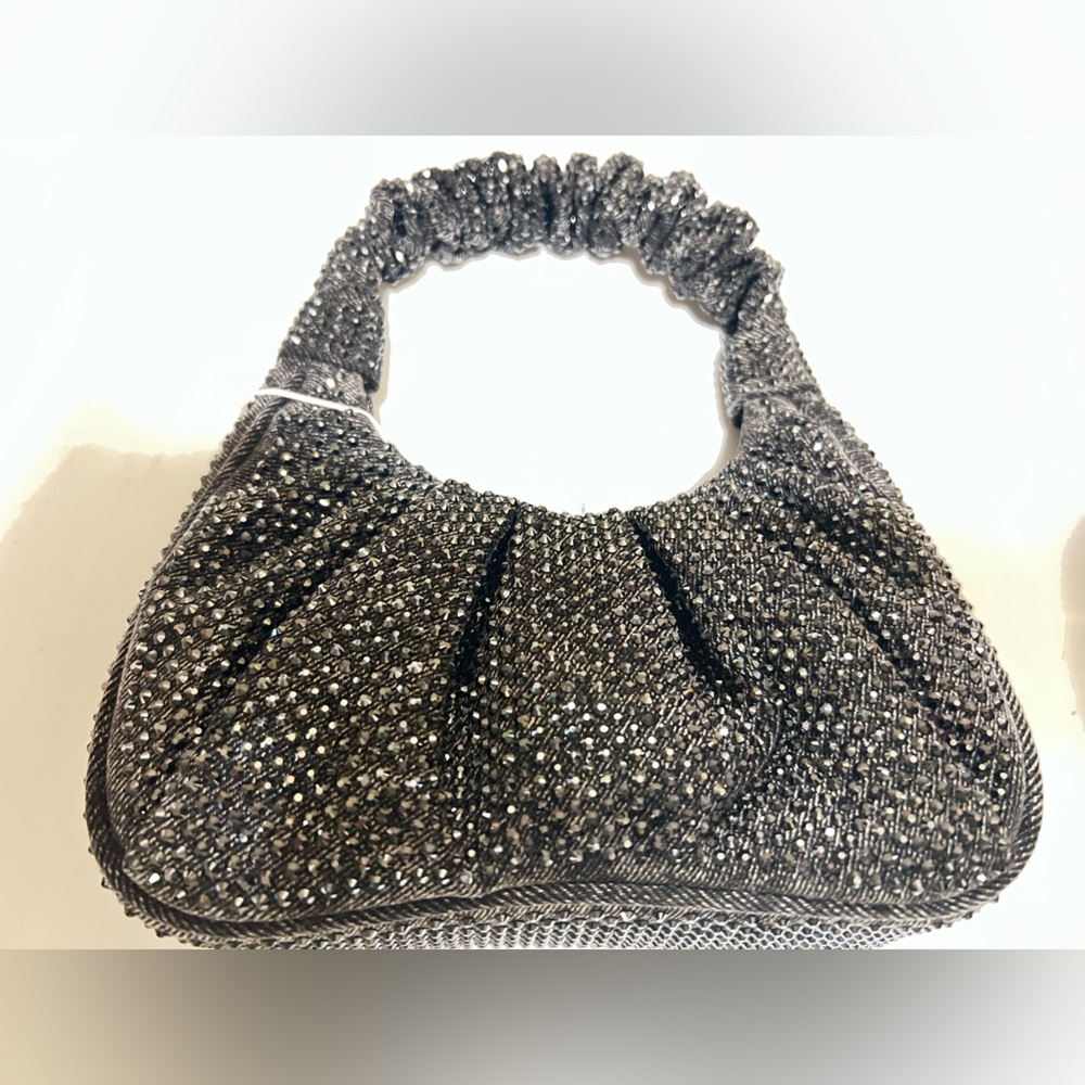 JW PEI Black Glam Gabi Rhinestone Black Ruched Textured Hobo Shoulder Bag::NWT:: - Picture 6 of 11